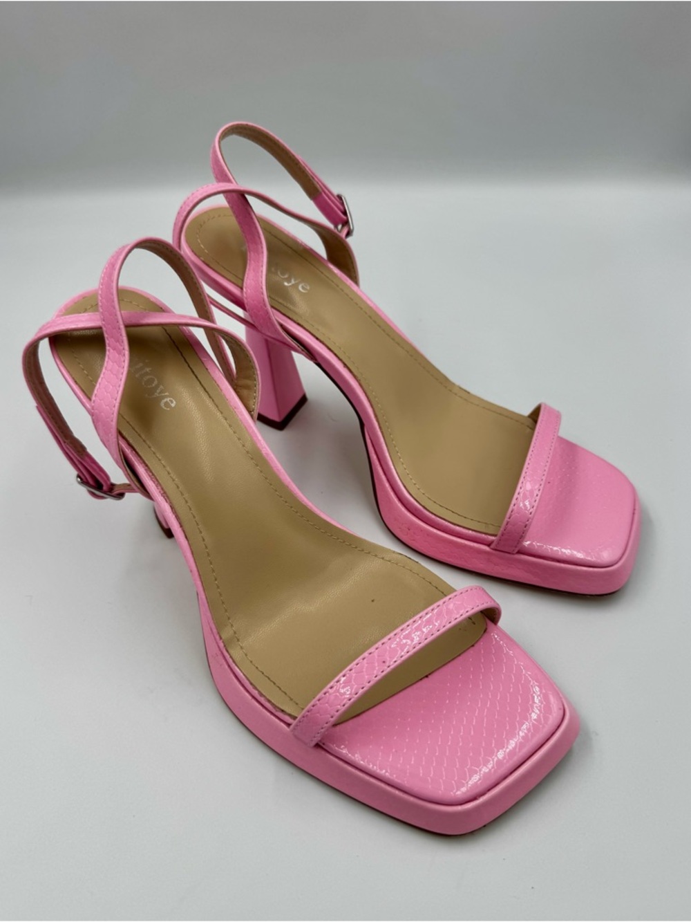 Pink Vegan Snakeskin Platform Sandals | Square Toe Flare Heel Size 7